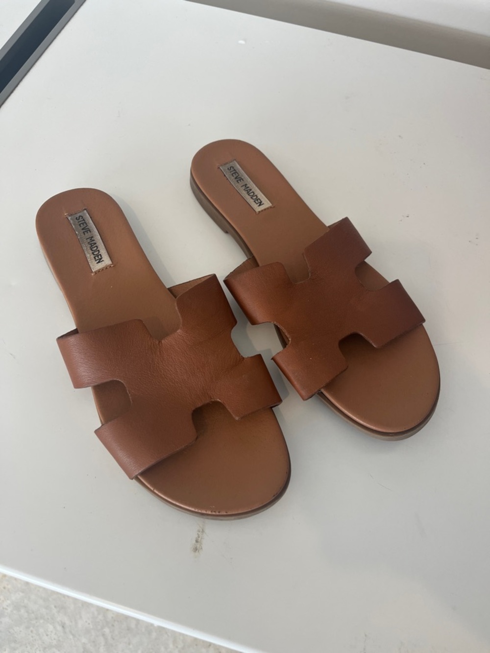 Steve Madden Tan Brown Leather Cutout Slide Sandals